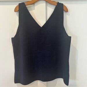 MM Lafluer Peggy Shirt Navy Double V Sleeveless Stretch Office Minimalist +3